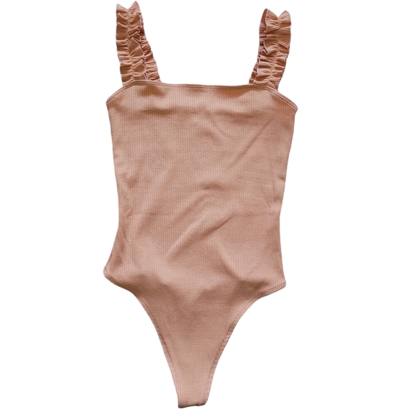 Sunday Best Orange Firecracker Ruffle Strap Ribbed Thong-cut Bodysuit, Size XS - Picture 1 of 11